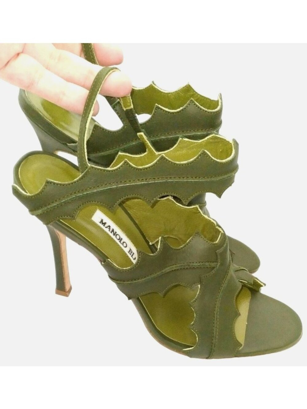 Manolo Blahnik Climatida Green Embroidered Leaf Slingback Pump Heel 37.5 Fits 7